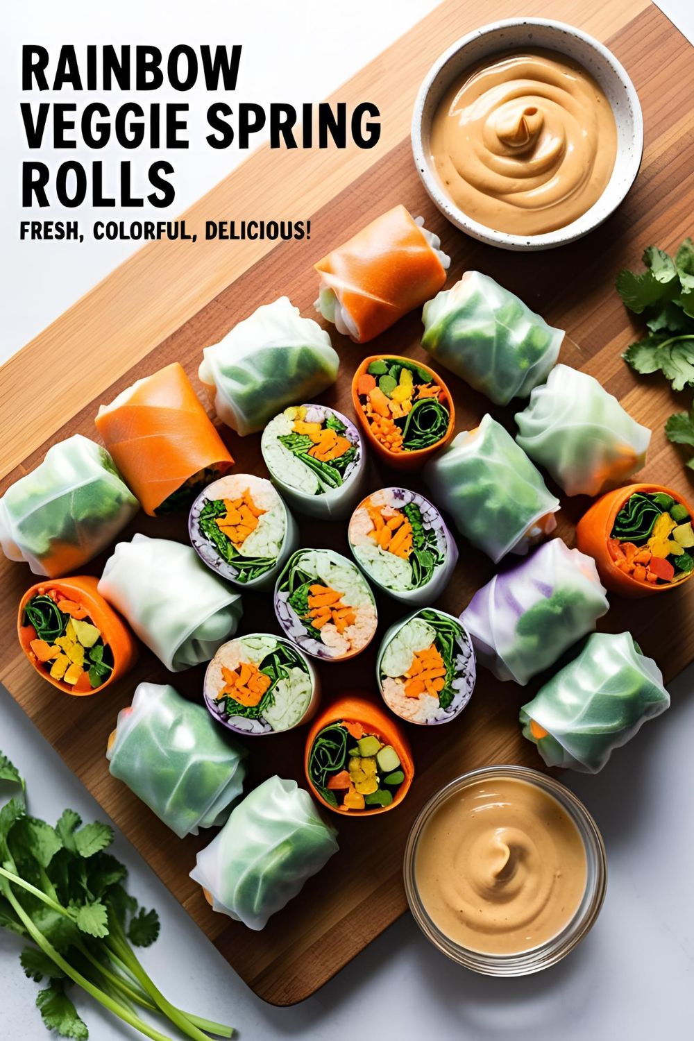 Bright, colorful spring rolls filled with fresh vegetables and herbs, served with dipping sauce on a white plate.
