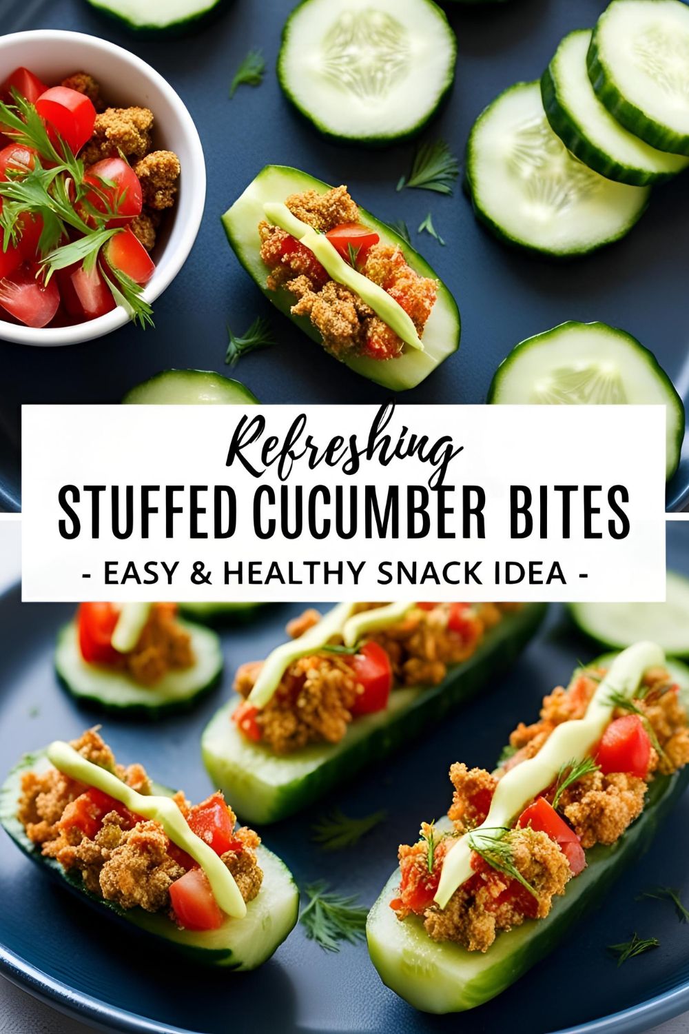 A platter of stuffed cucumber bites garnished with dill and grape tomatoes, perfect for a party appetizer.