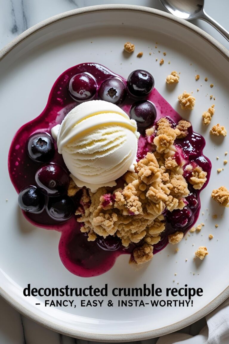 Fancy deconstructed crumble dessert with berries, crumble, and ice cream on a white plate