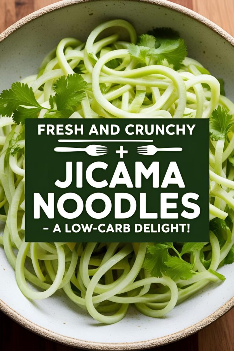 A bowl of fresh jicama noodles garnished with cilantro and lime wedges.