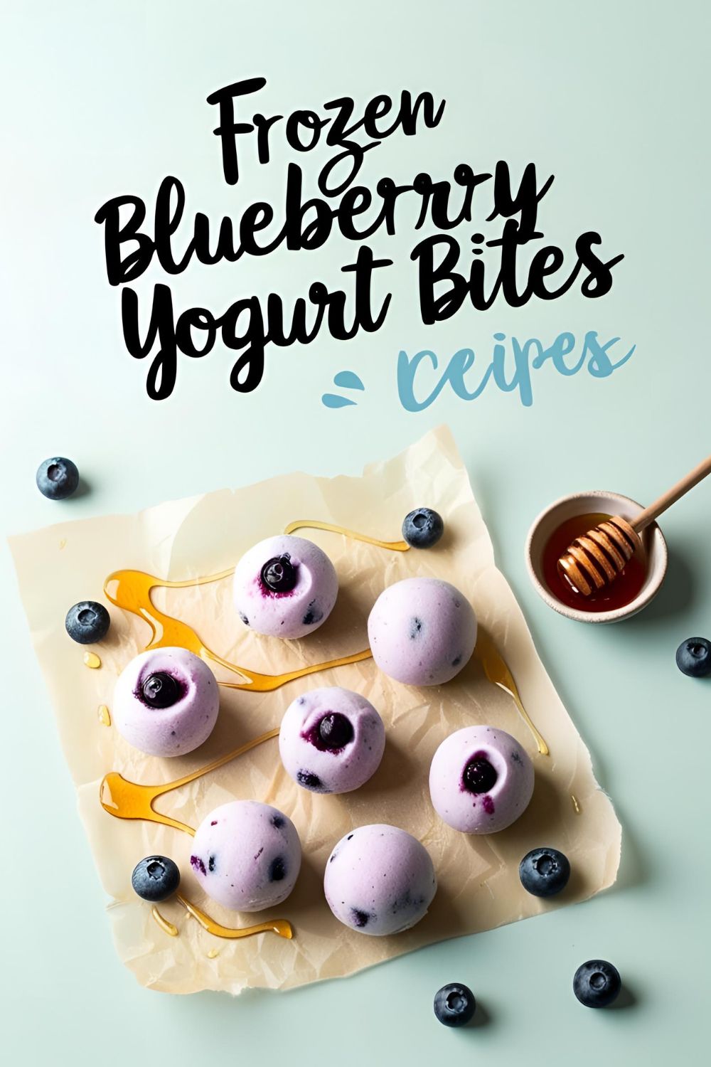 Frozen blueberry yogurt bites arranged on a tray with honey drizzle and fresh blueberries