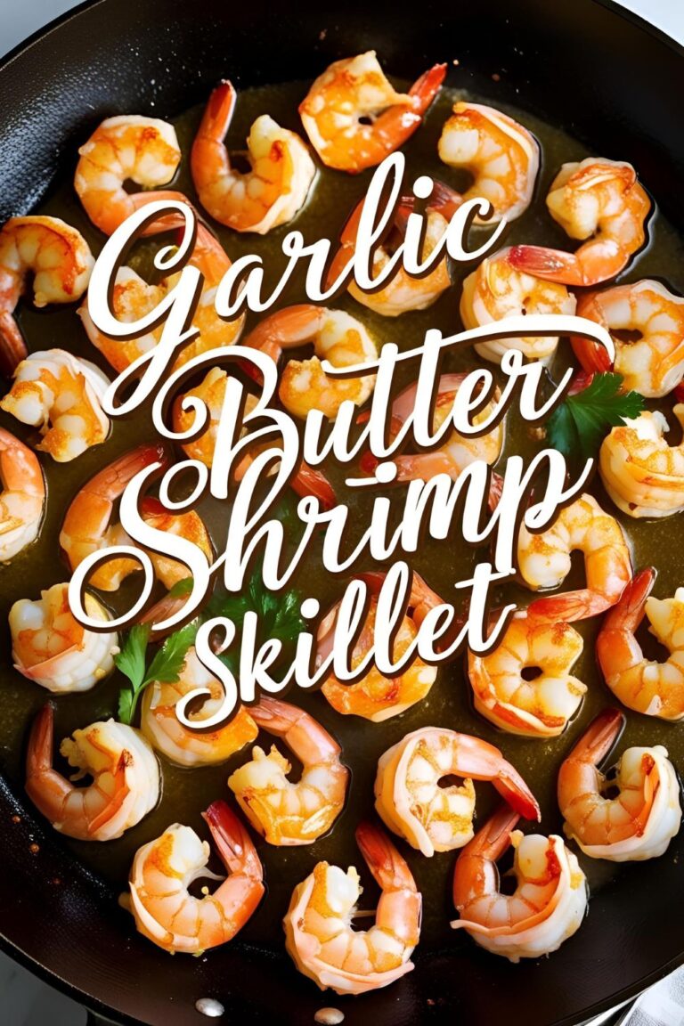 Garlic Butter Shrimp Skillet served in a cast iron pan with lemon wedges and parsley garnish.