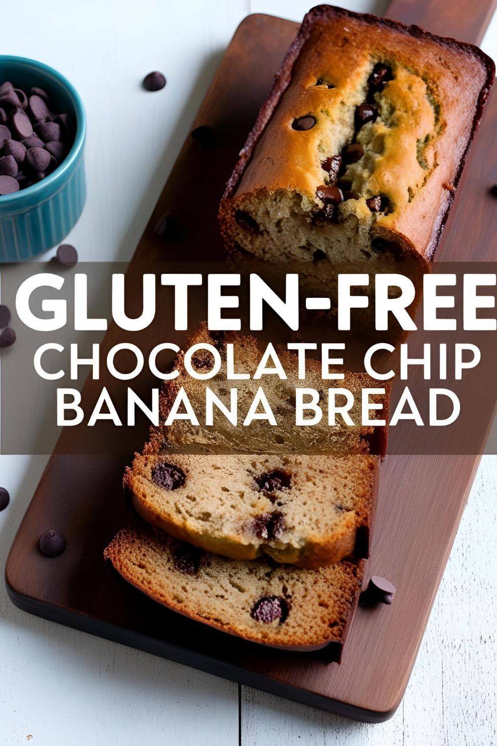 A sliced loaf of gluten-free chocolate chip banana bread on a wooden board.