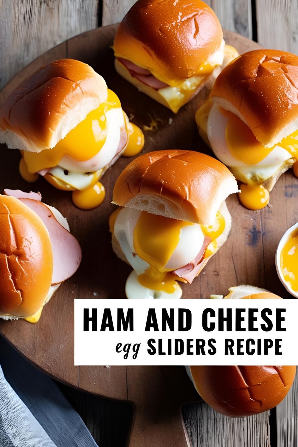Oven-baked ham and cheese egg sliders with melted cheese and golden buns on a rustic tray