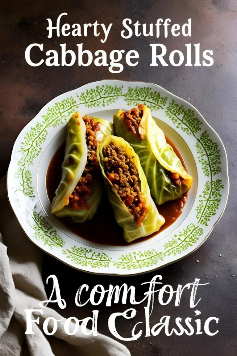 A plate of stuffed cabbage rolls topped with tomato sauce and garnished with parsley.