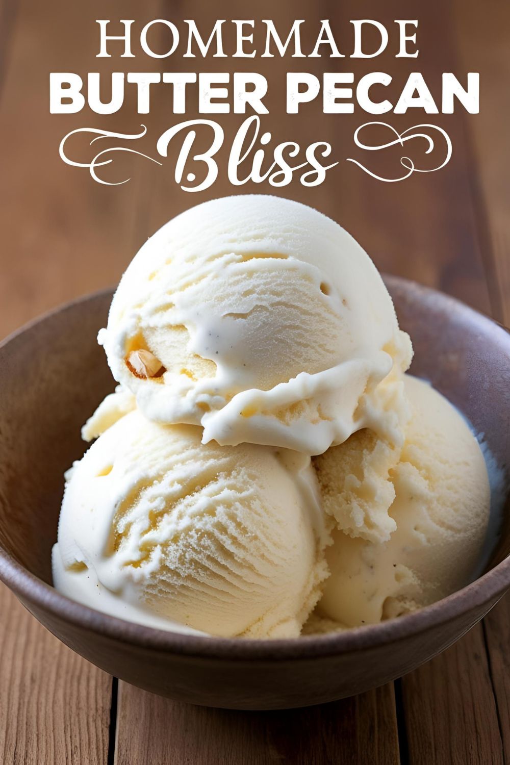 A bowl of homemade butter pecan ice cream garnished with toasted pecans