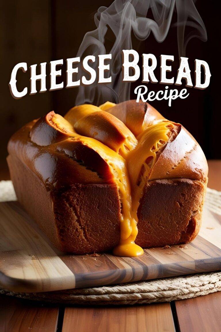 A freshly baked cheese bread loaf with a golden crust and melted cheese center, sliced and ready to serve
