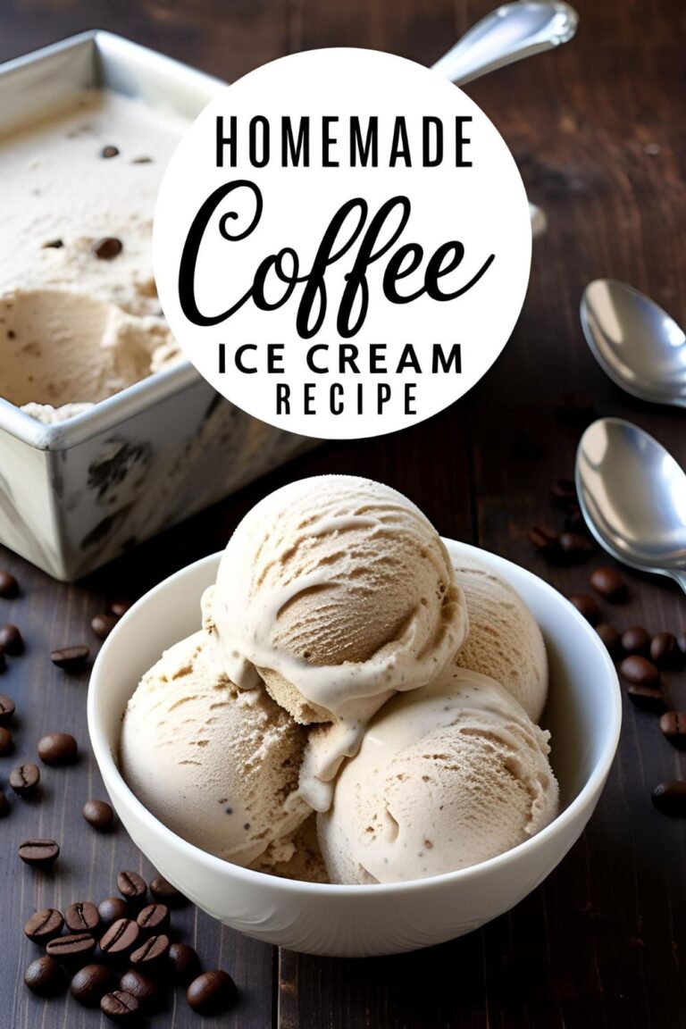 A bowl of creamy homemade coffee ice cream garnished with coffee beans and a sprig of mint