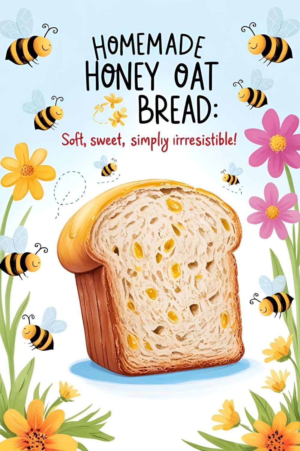 A freshly baked loaf of honey oat bread sliced to reveal its soft, fluffy interior, with oats sprinkled on top.