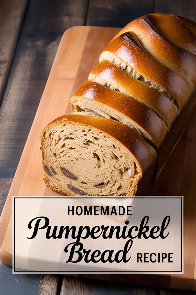 A freshly baked pumpernickel loaf sliced open to reveal its dense, dark interior, resting on a rustic wooden board.