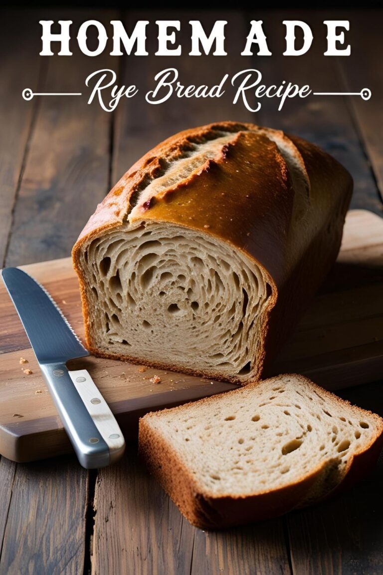 A freshly baked loaf of rye bread on a wooden table with a slice cut to reveal the soft interior