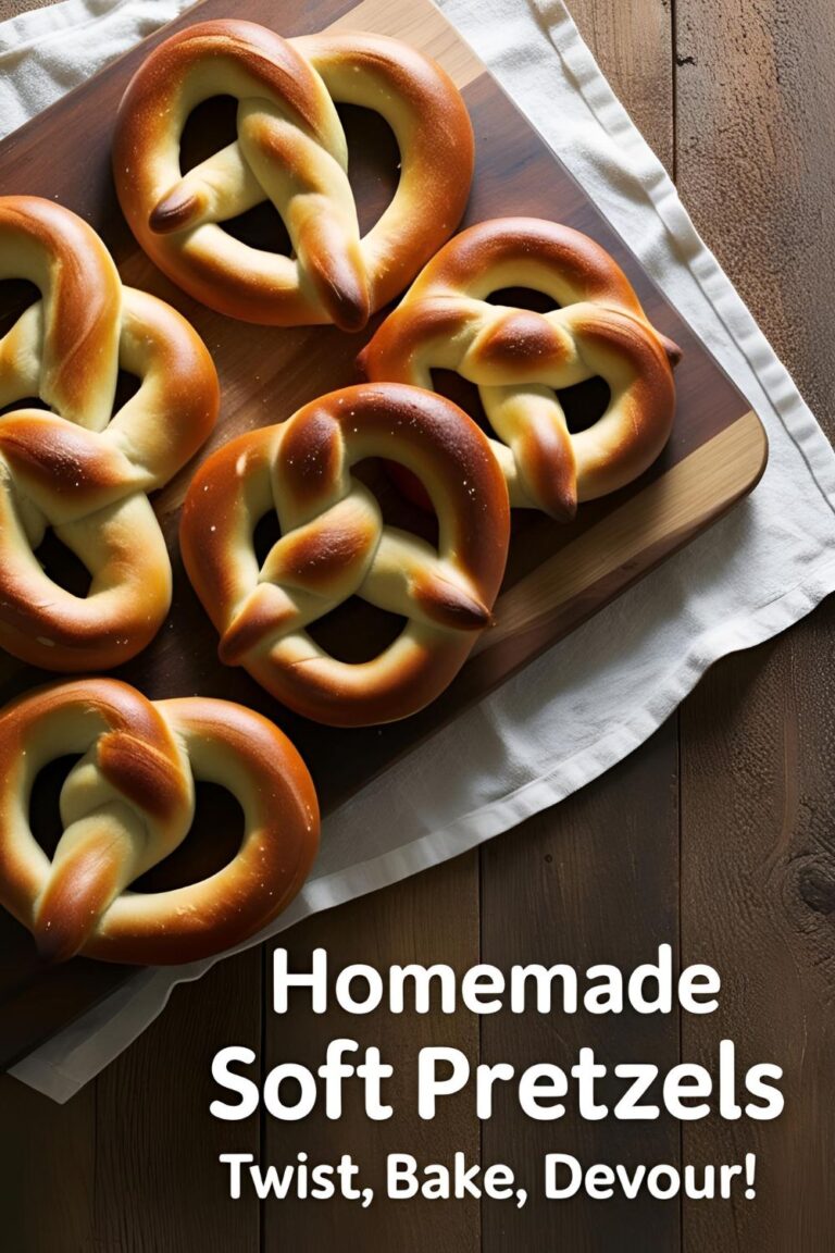 Golden-brown homemade soft pretzels on a wooden board with coarse salt sprinkled on top.