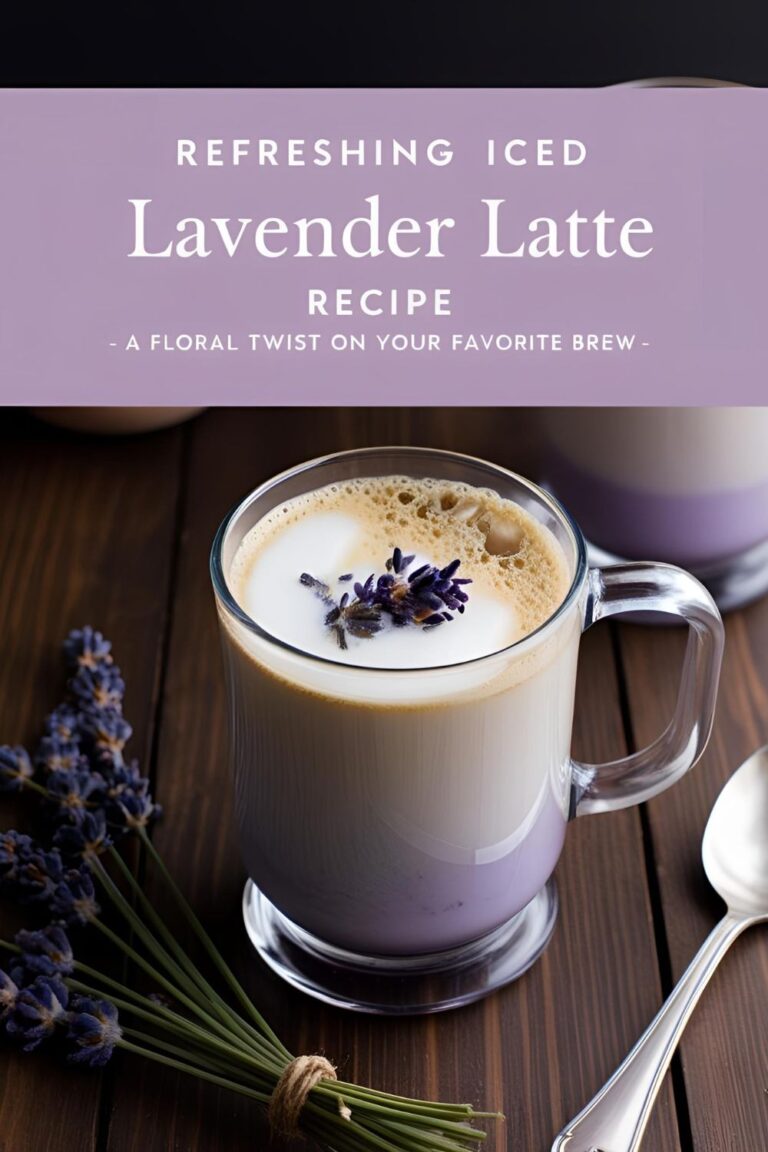 A glass of iced lavender latte garnished with a sprig of lavender, placed on a wooden table.