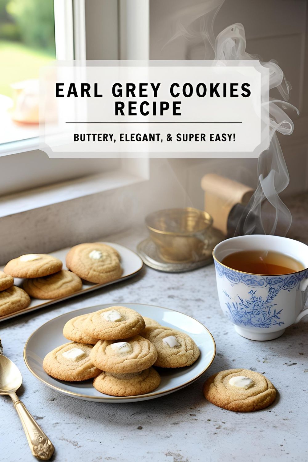A plate of golden Earl Grey cookies with a cup of tea on a rustic table.