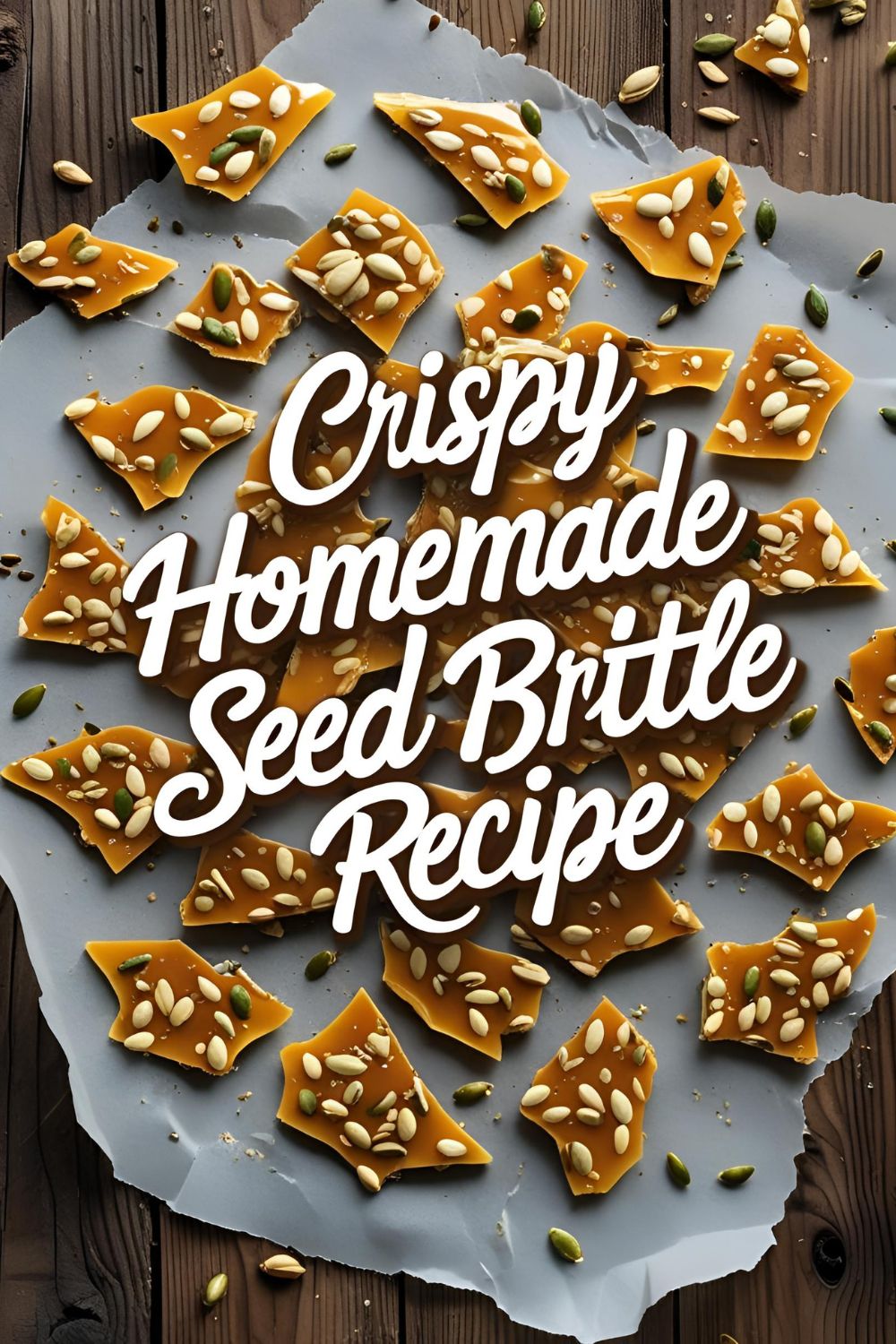 Homemade seed brittle on parchment paper with crunchy texture and golden color