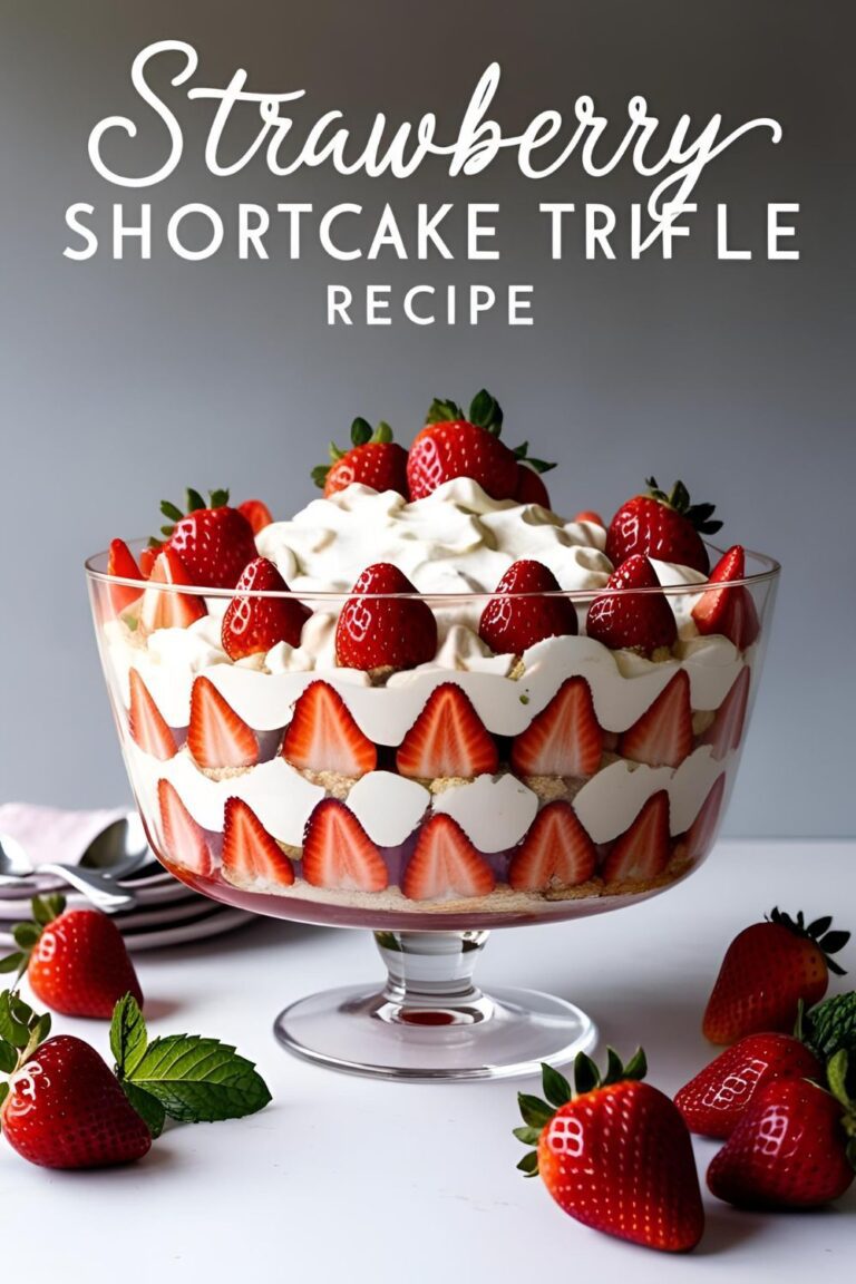 A beautifully layered Strawberry Shortcake Trifle in a glass bowl, garnished with fresh strawberries and mint.