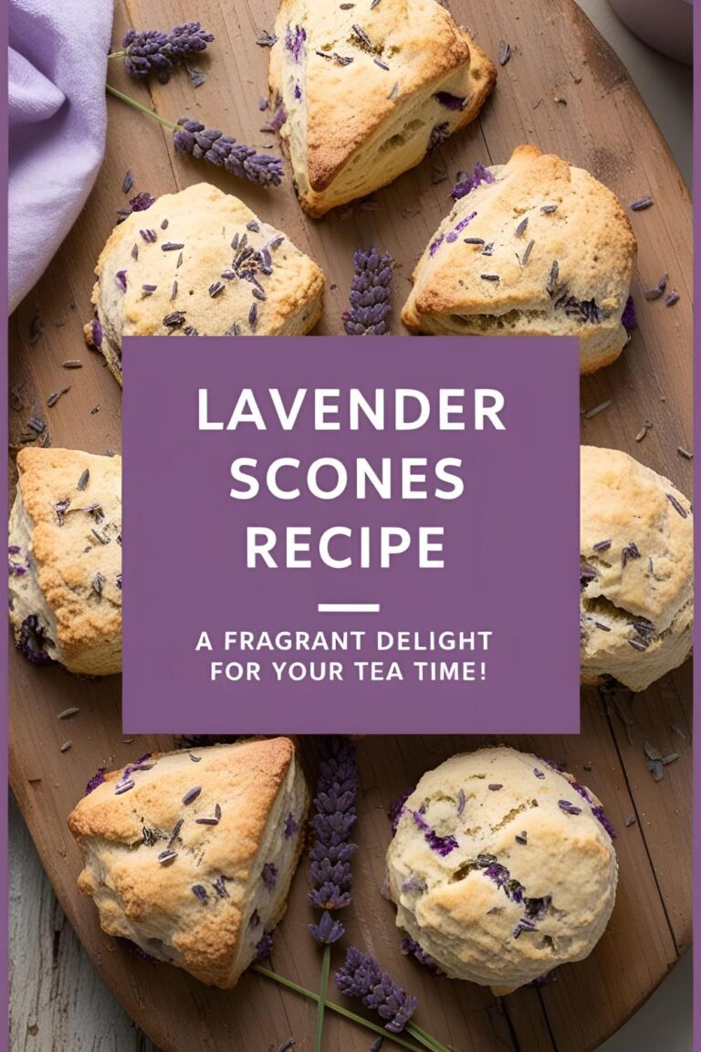 Freshly baked lavender scones on a rustic wooden table, exuding a delightful floral aroma.