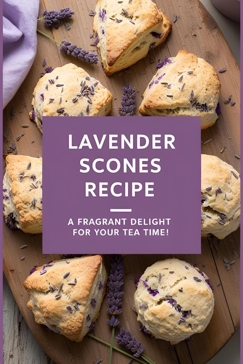 Freshly baked lavender scones on a rustic wooden table, exuding a delightful floral aroma.