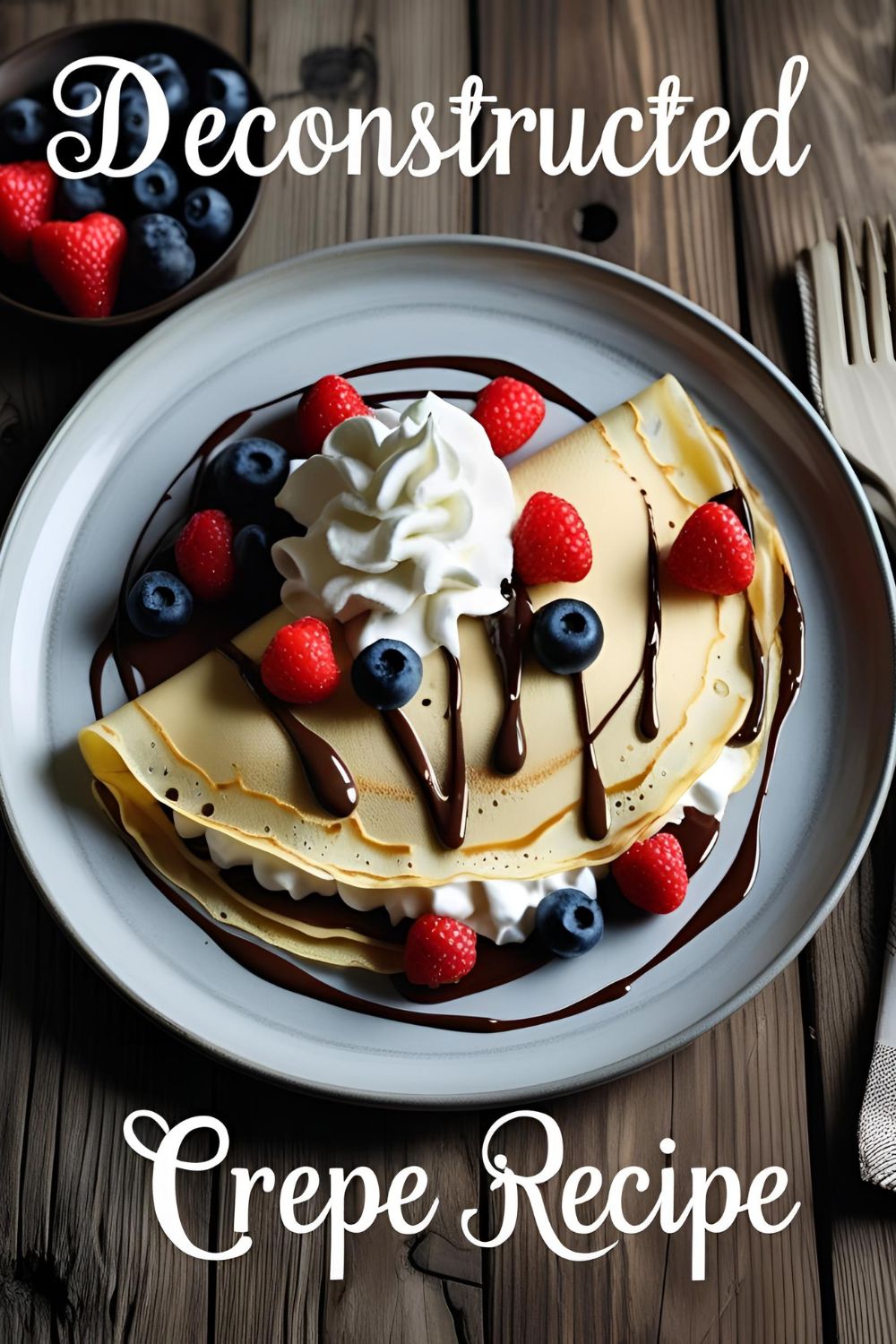 Plate of deconstructed crepes topped with berries, cream, and Nutella drizzle on rustic background