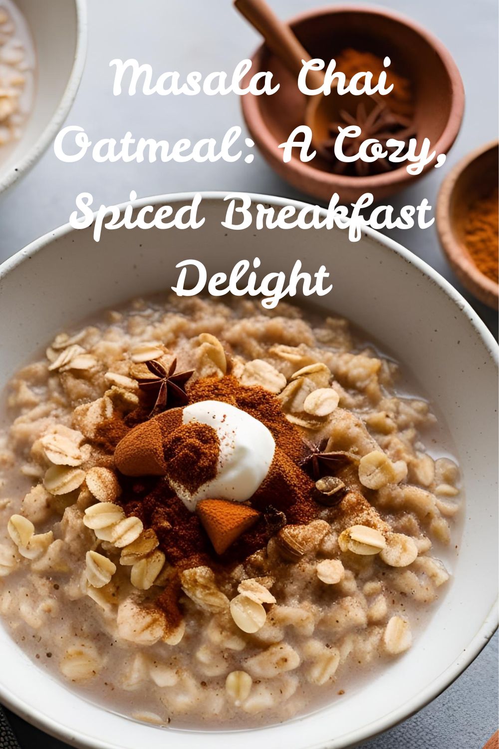 A bowl of creamy masala chai oatmeal topped with almonds and berries.