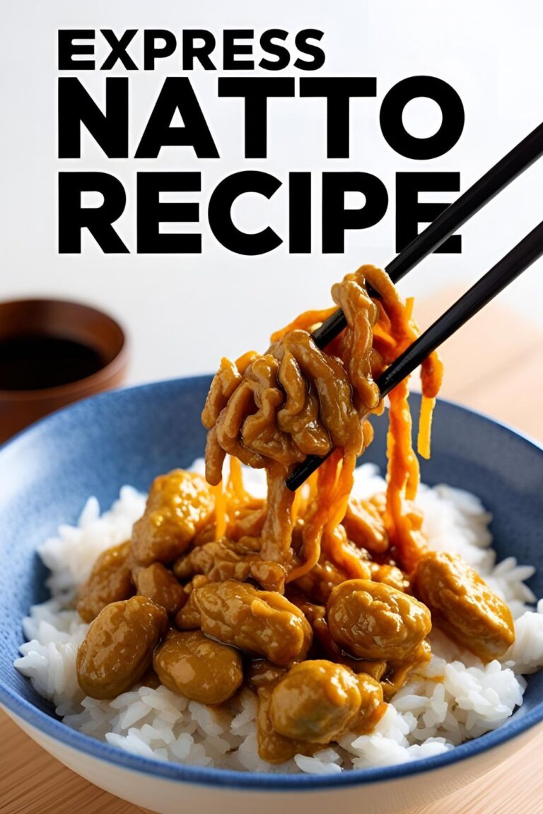 A bowl of homemade express natto served over rice, showcasing its sticky texture and garnished with green onions