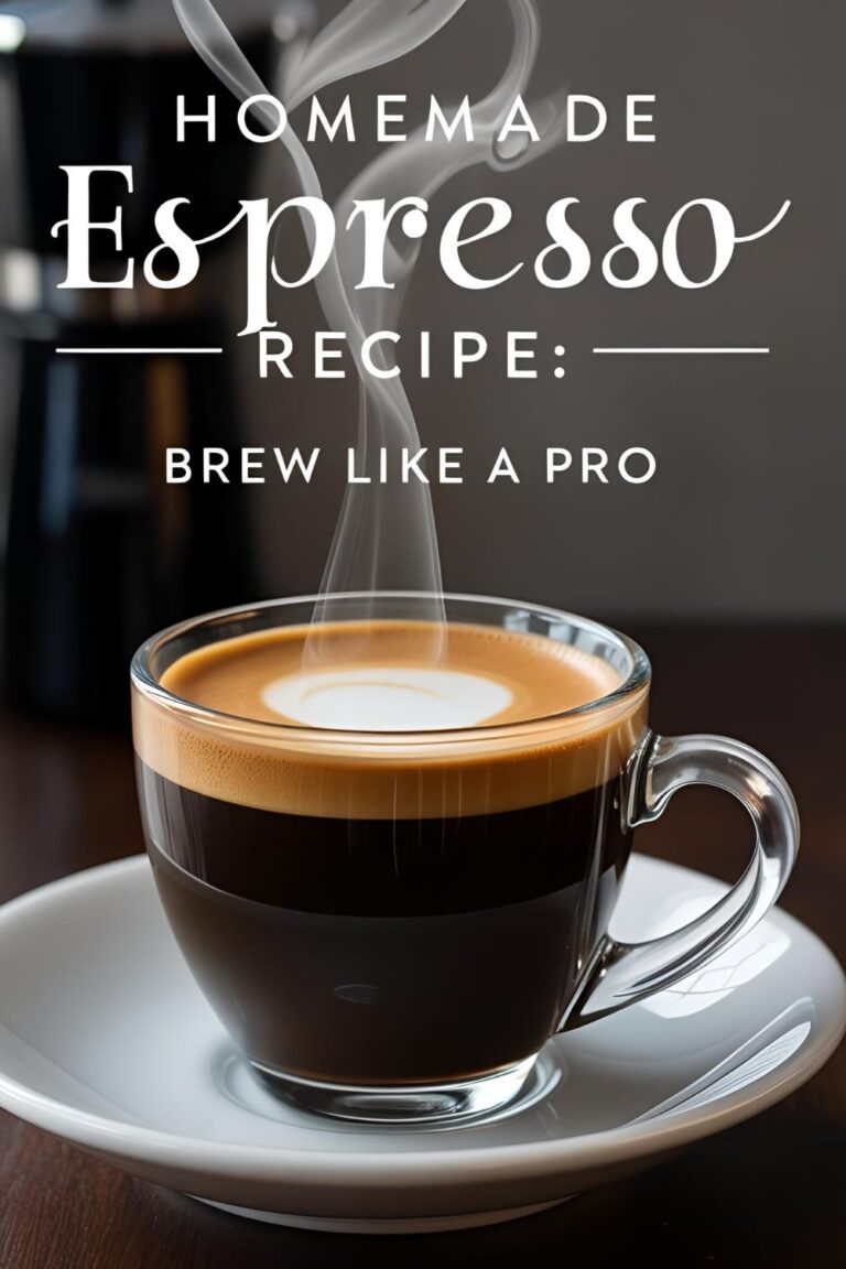 A cup of freshly brewed homemade espresso with rich crema on top, surrounded by coffee beans and brewing tools.