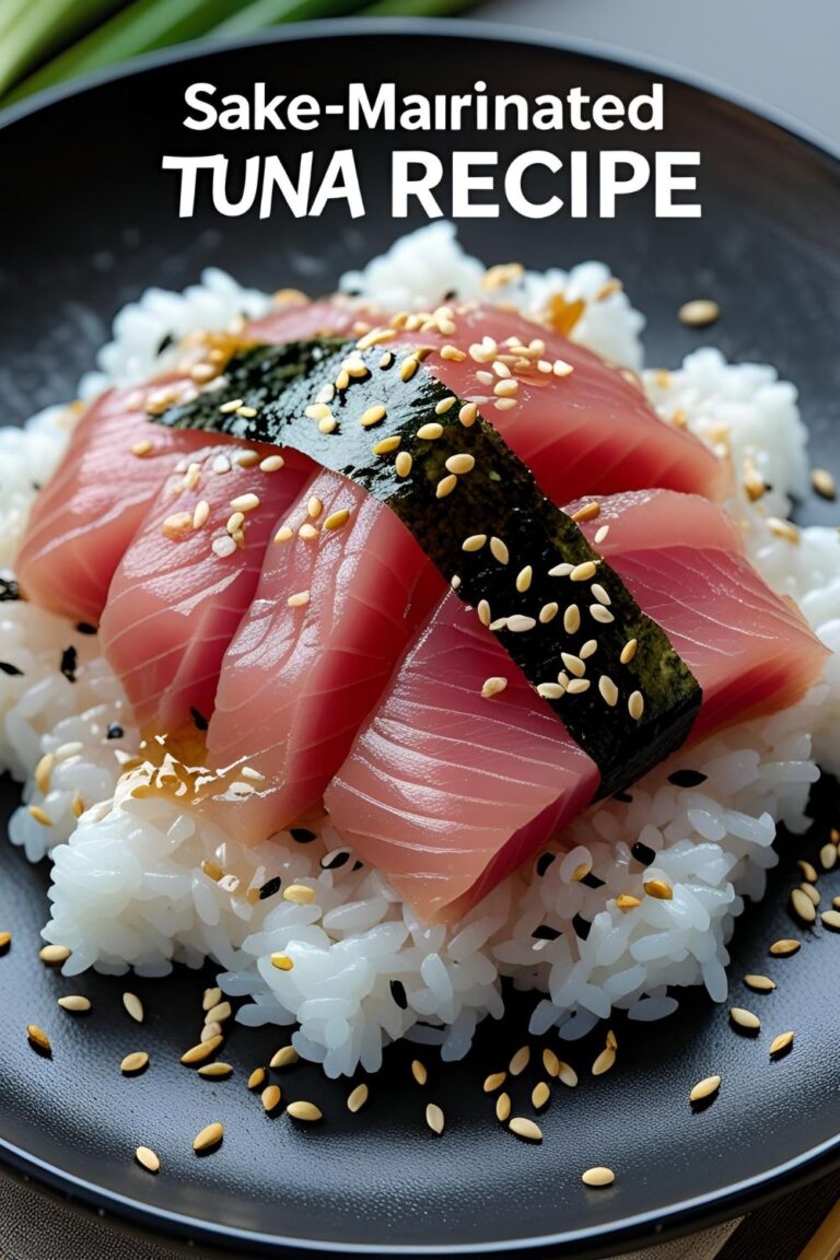 "Plated sake-marinated tuna slices on sushi rice, garnished with sesame seeds and nori."
