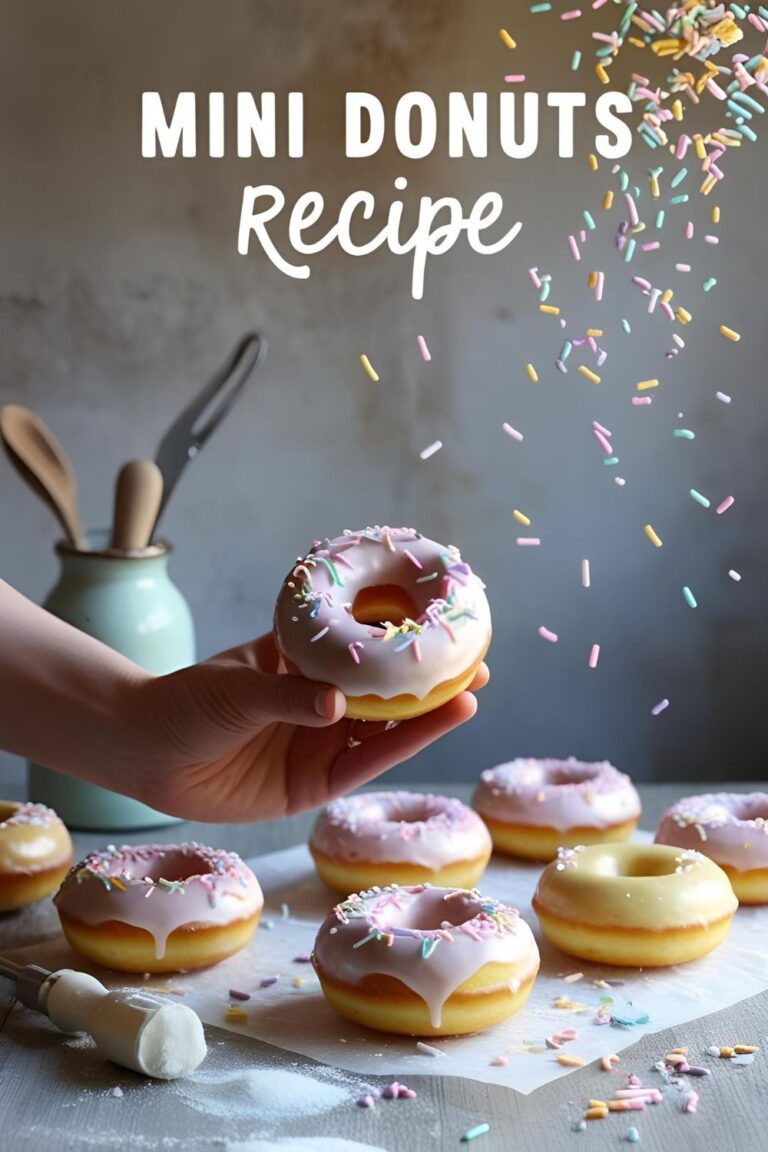 Freshly baked mini donuts with sprinkles and glaze on a kitchen counter.