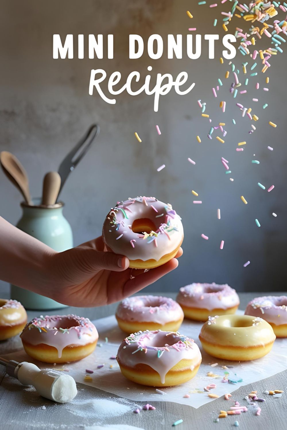 Freshly baked mini donuts with sprinkles and glaze on a kitchen counter.