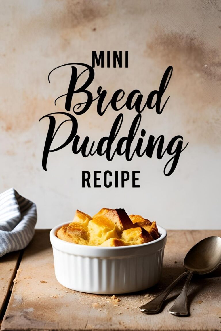 Mini bread pudding served in a ramekin, topped with whipped cream and caramel drizzle.