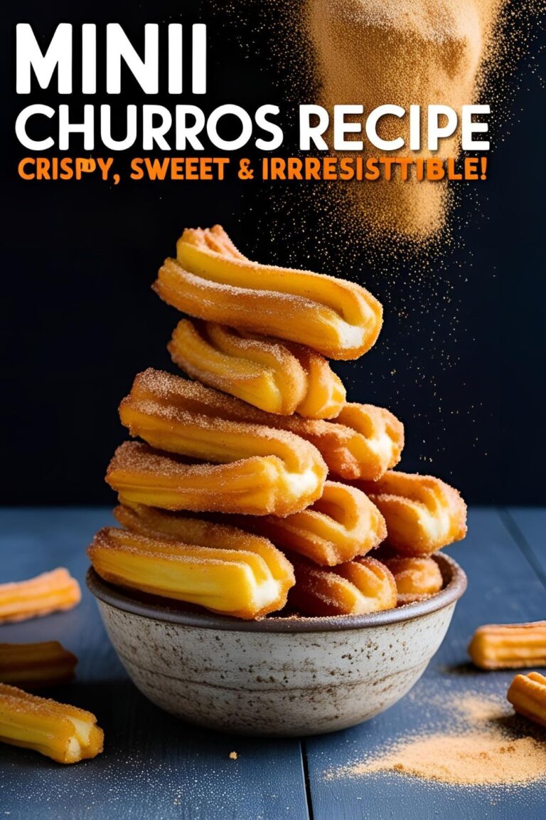 Mini churros stacked in a bowl with cinnamon sugar and a chocolate dip on the side