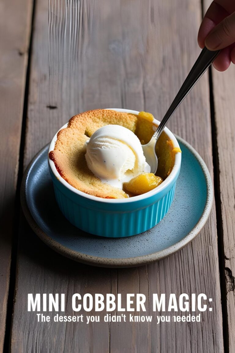 A single-serving mini cobbler in a ramekin with a scoop of vanilla ice cream on top