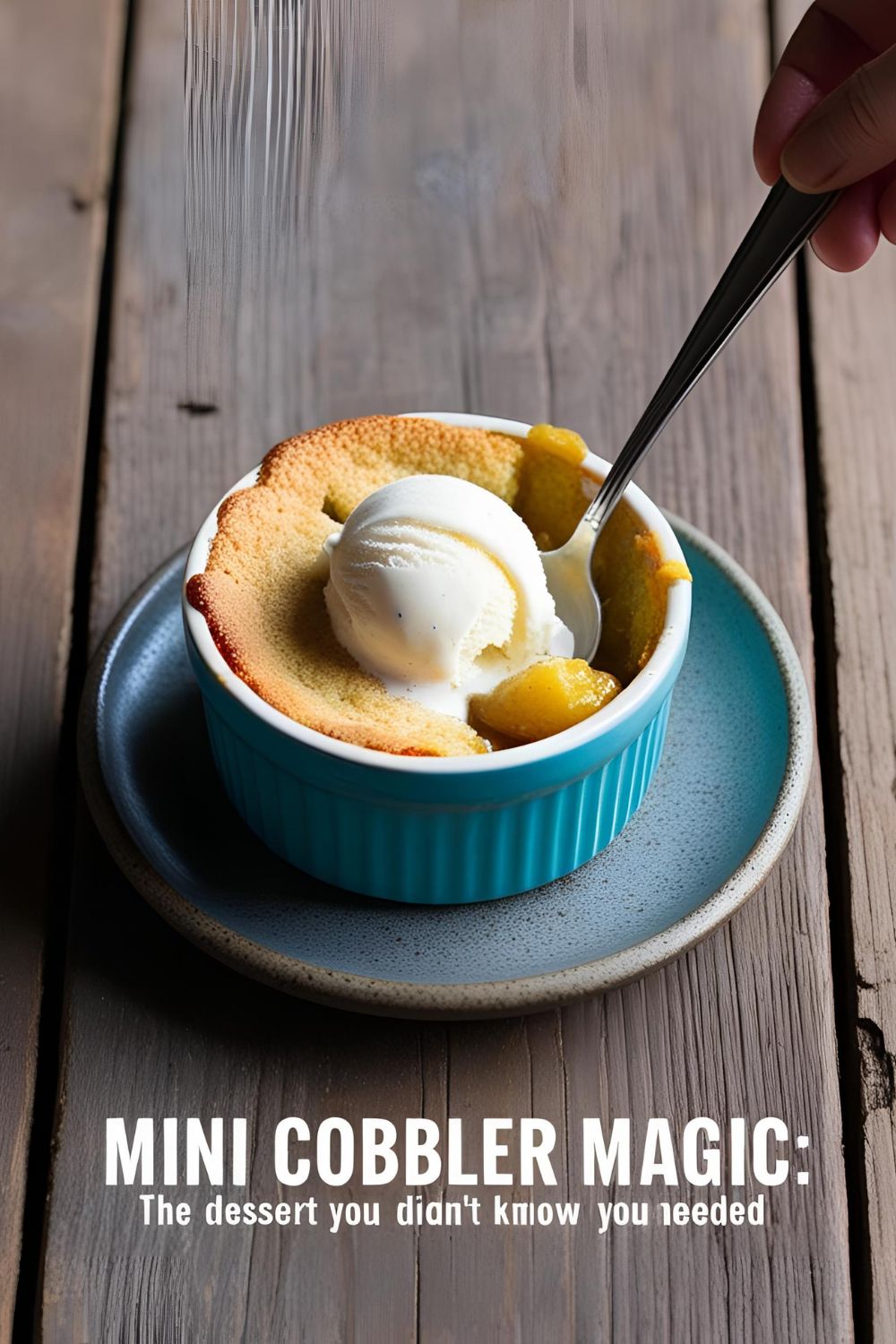 A single-serving mini cobbler in a ramekin with a scoop of vanilla ice cream on top