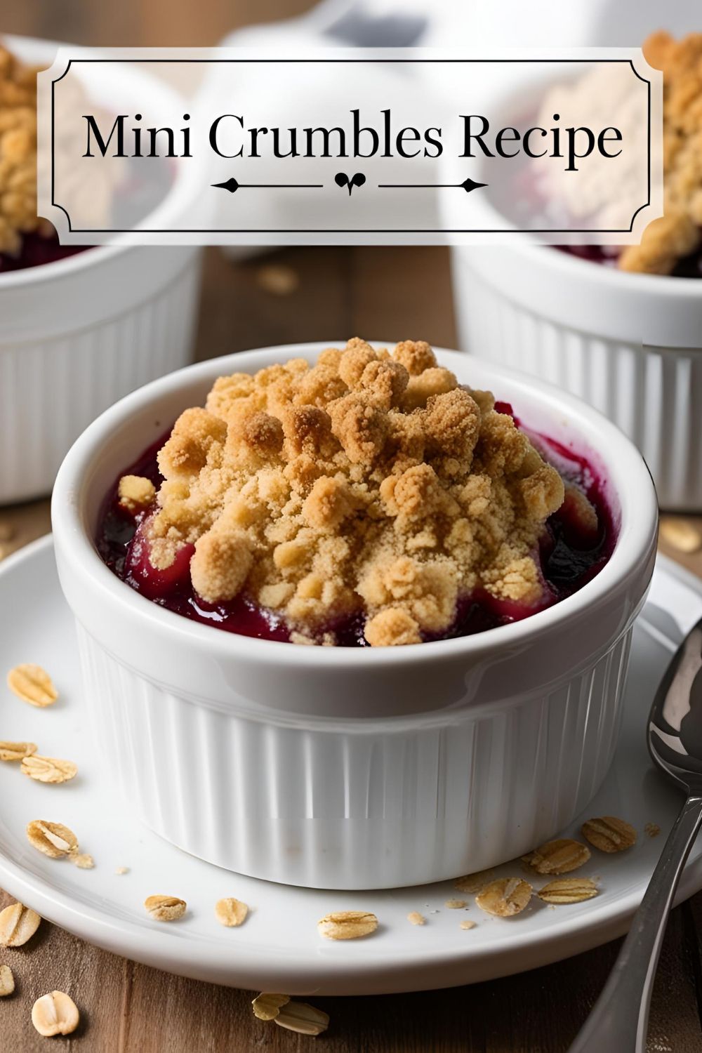 Mini crumbles dessert served in white ramekins with golden oat topping.