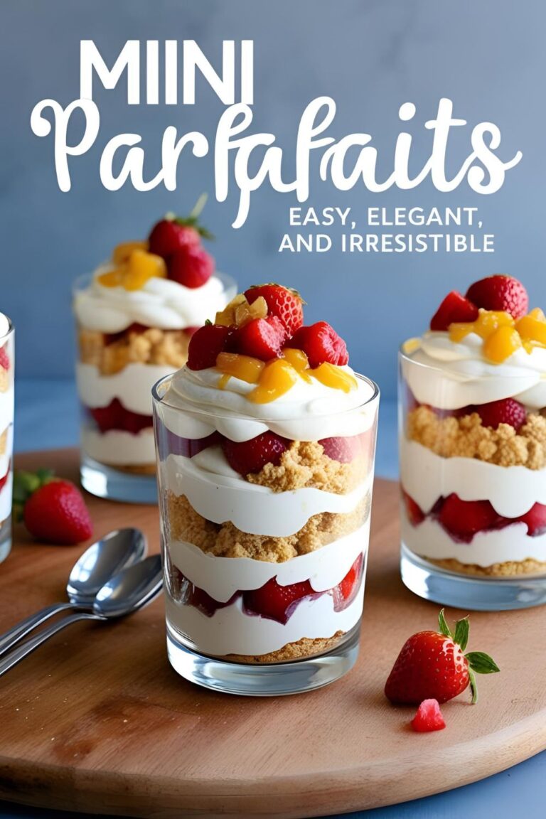 "Layered mini parfaits with yogurt, granola, and berries in clear glasses."