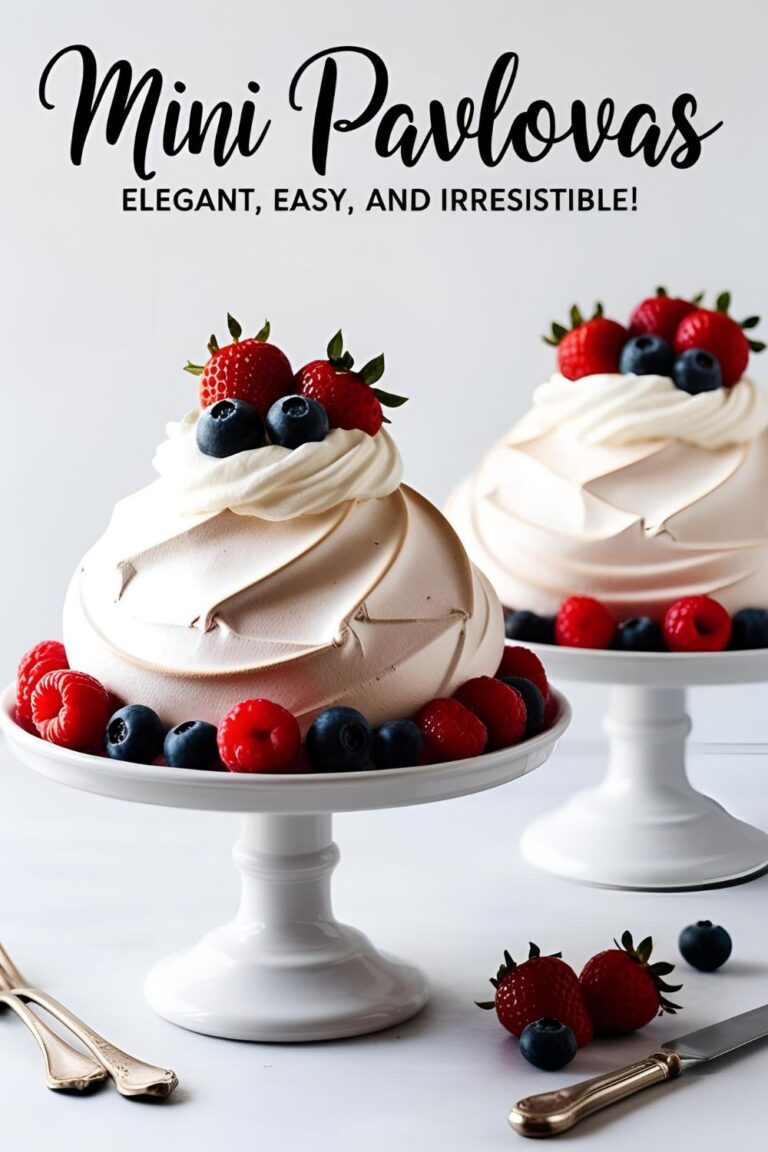 Mini pavlovas topped with whipped cream and fresh berries on a serving platter.