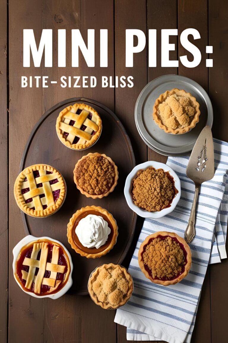 A variety of mini pies with different fillings displayed on a rustic wooden table.