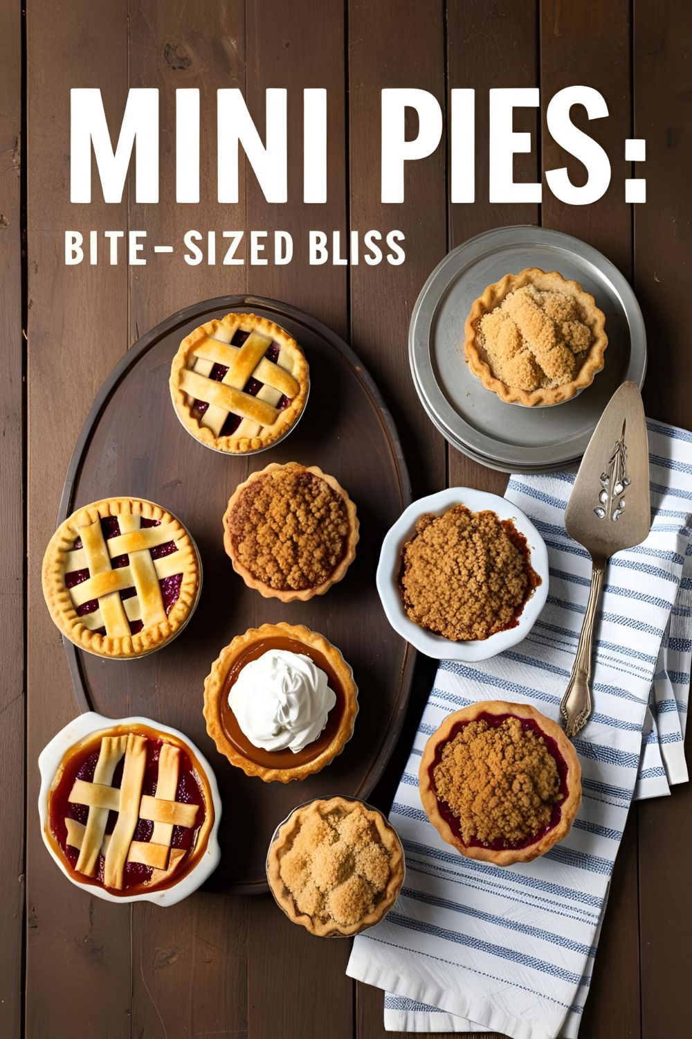 A variety of mini pies with different fillings displayed on a rustic wooden table.