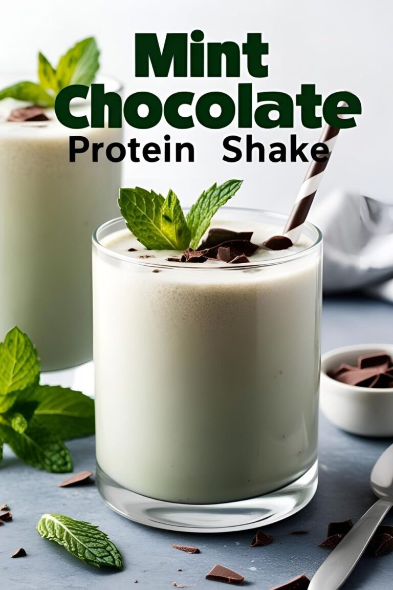 Glass of mint chocolate protein shake garnished with mint leaves and chocolate shavings.