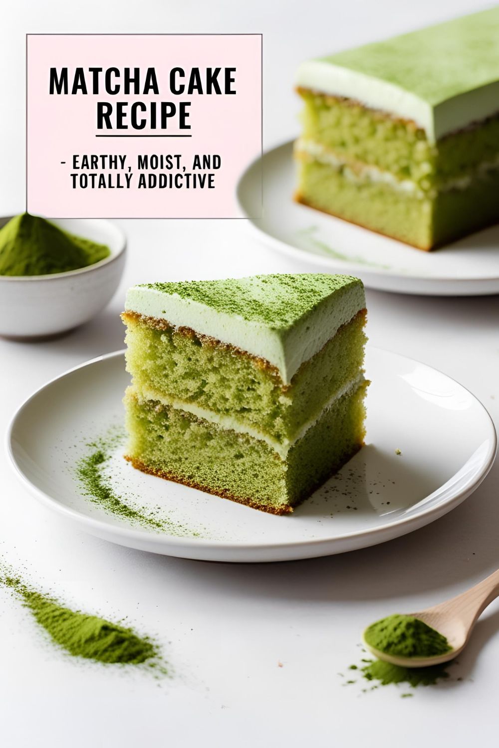 A fluffy slice of matcha cake with glaze, perfect green tea dessert for any occasion