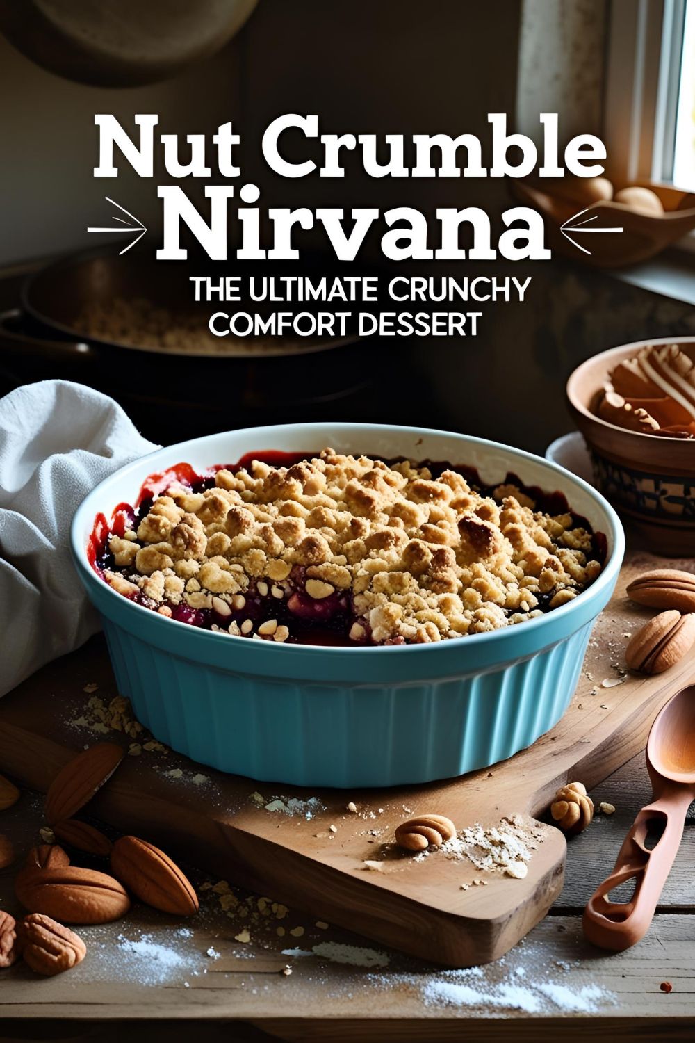 A golden-brown nut crumble dessert with a scoop of vanilla ice cream on top.