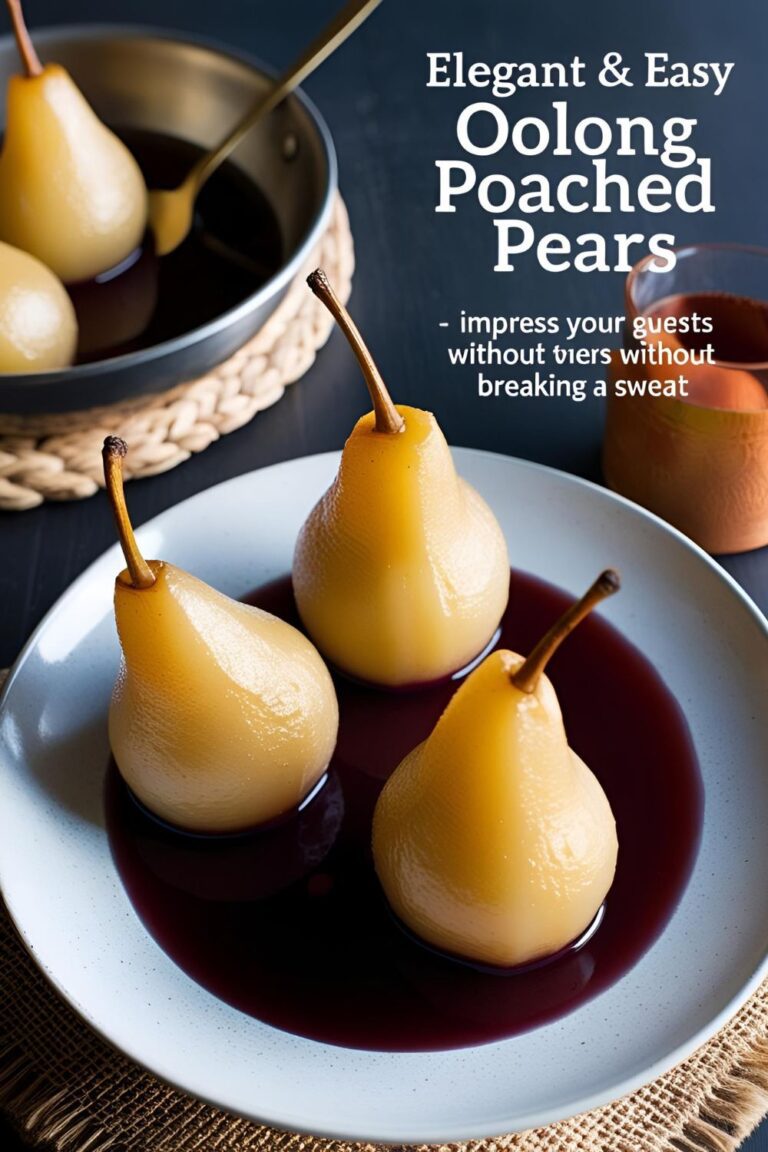 A beautifully plated oolong poached pear drizzled with syrup, garnished with lemon zest.
