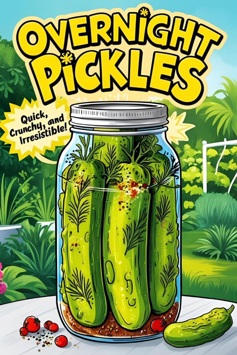 A jar of freshly made overnight pickles with herbs and spices.