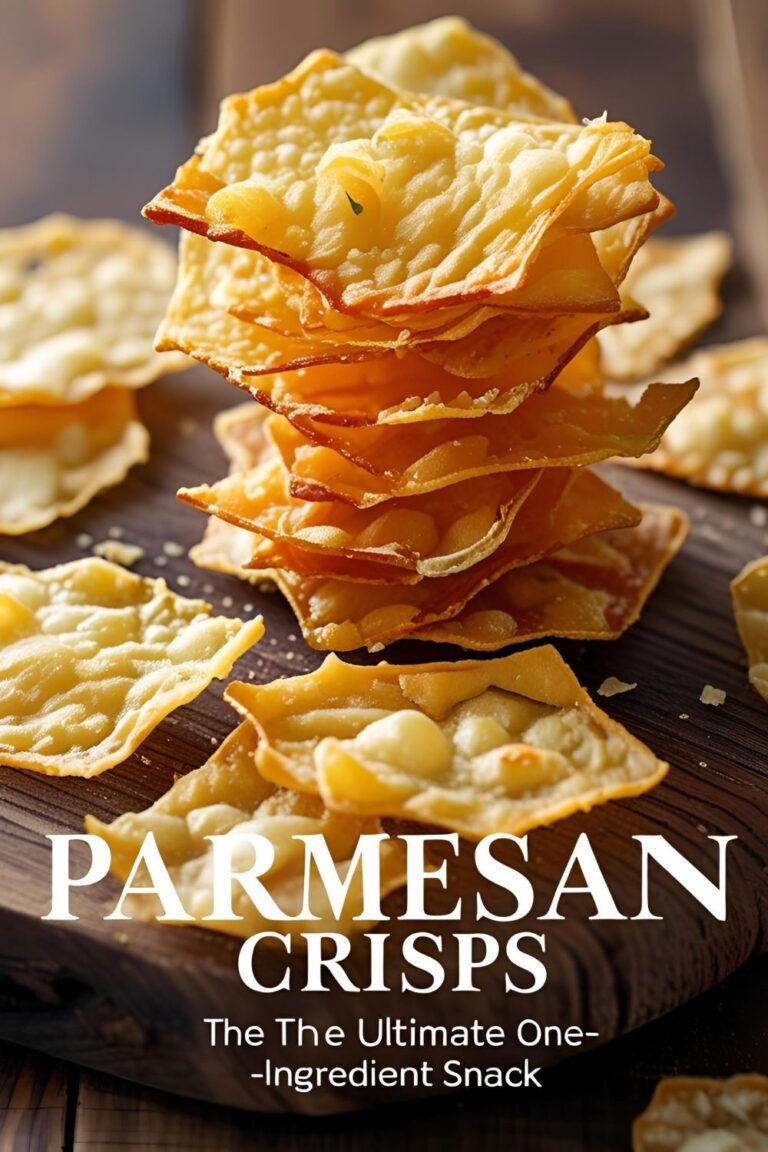 A stack of golden Parmesan crisps on a rustic wooden board, showcasing their lacy texture