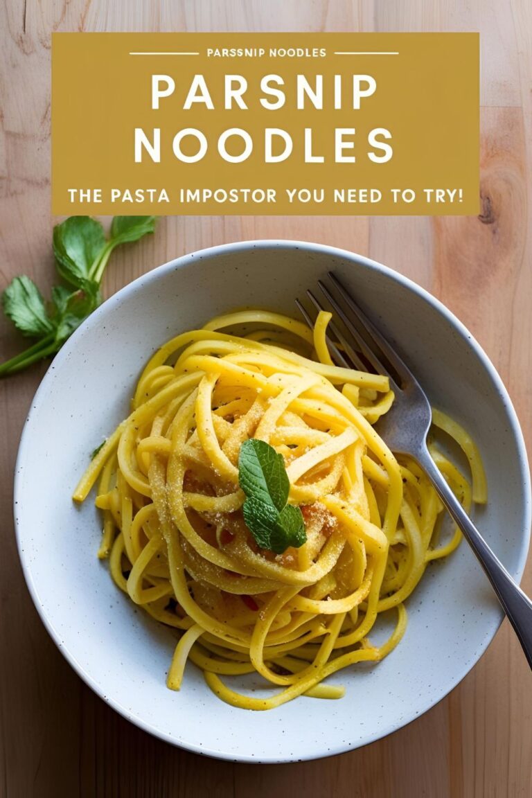 A bowl of spiralized parsnip noodles topped with fresh herbs and Parmesan cheese.