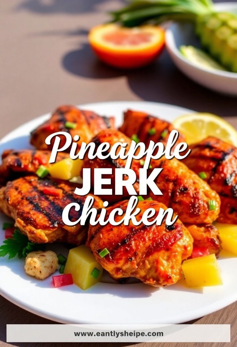 Plated pineapple jerk chicken with caramelized pineapple and tropical sides on a sunny table