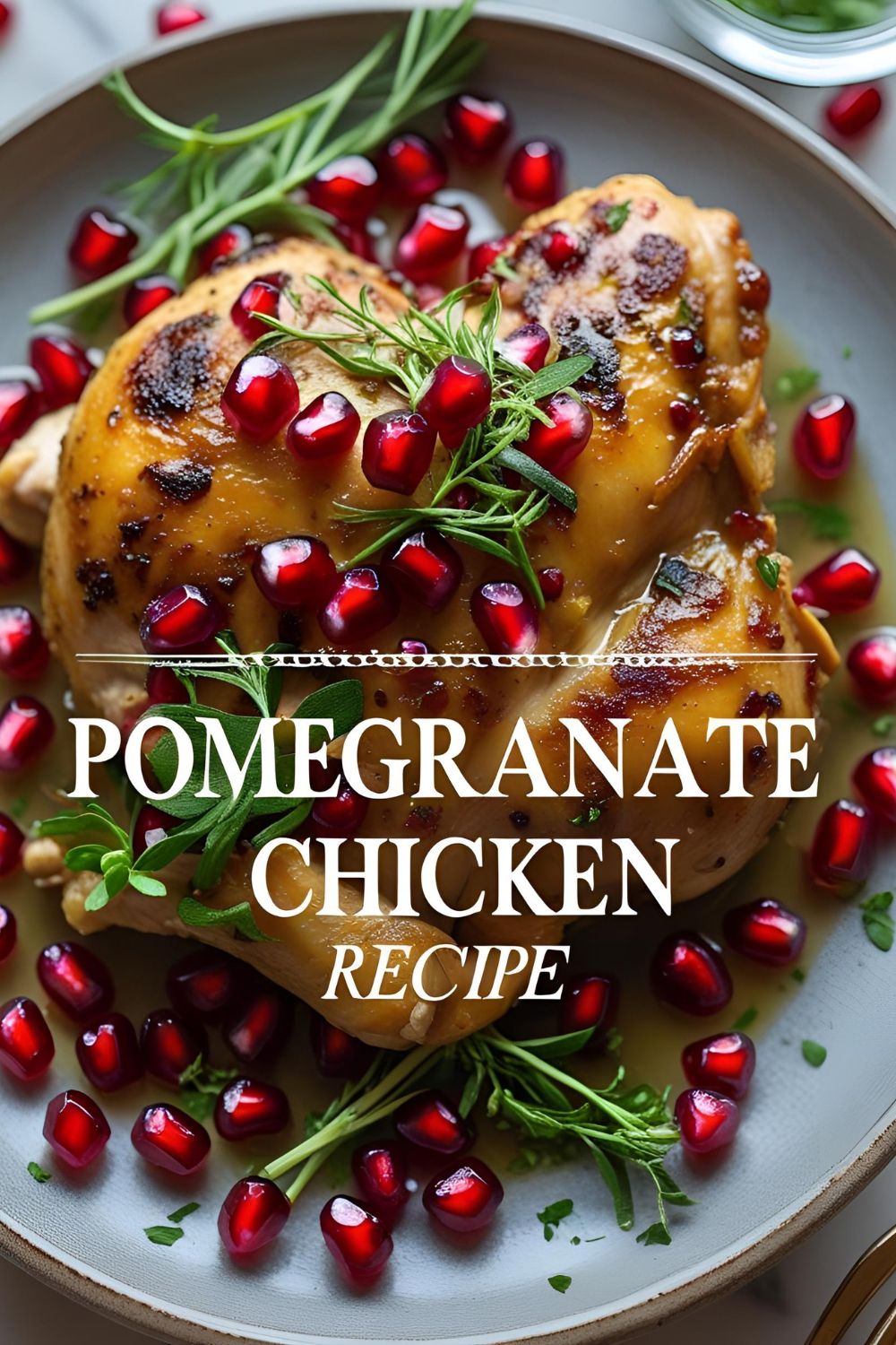 Plated pomegranate chicken garnished with pomegranate seeds and parsley
