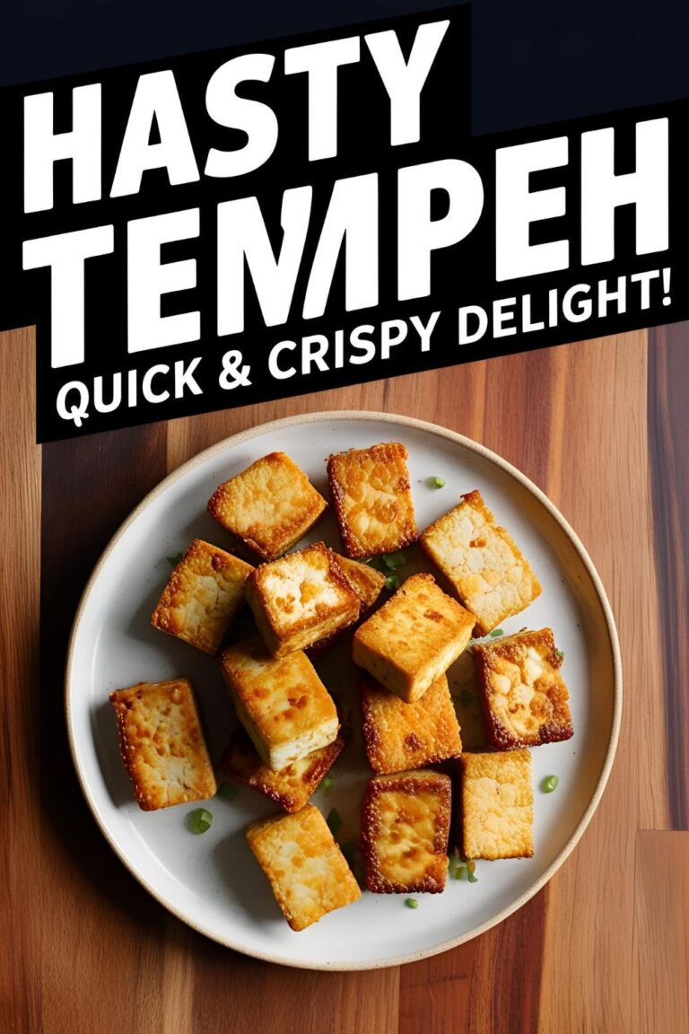 Golden-brown hasty tempeh served on a plate with garnishes.
