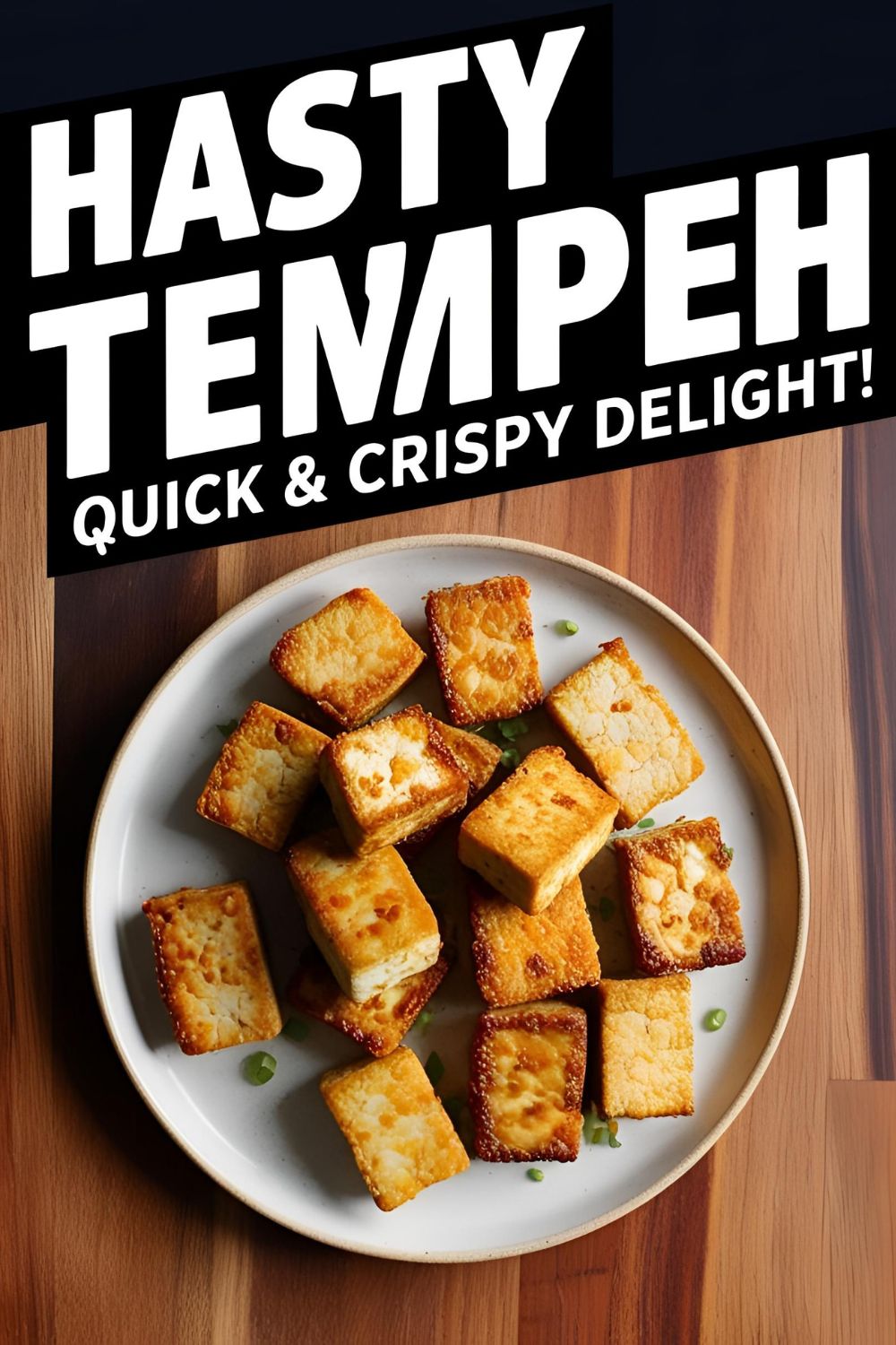 Golden-brown hasty tempeh served on a plate with garnishes.
