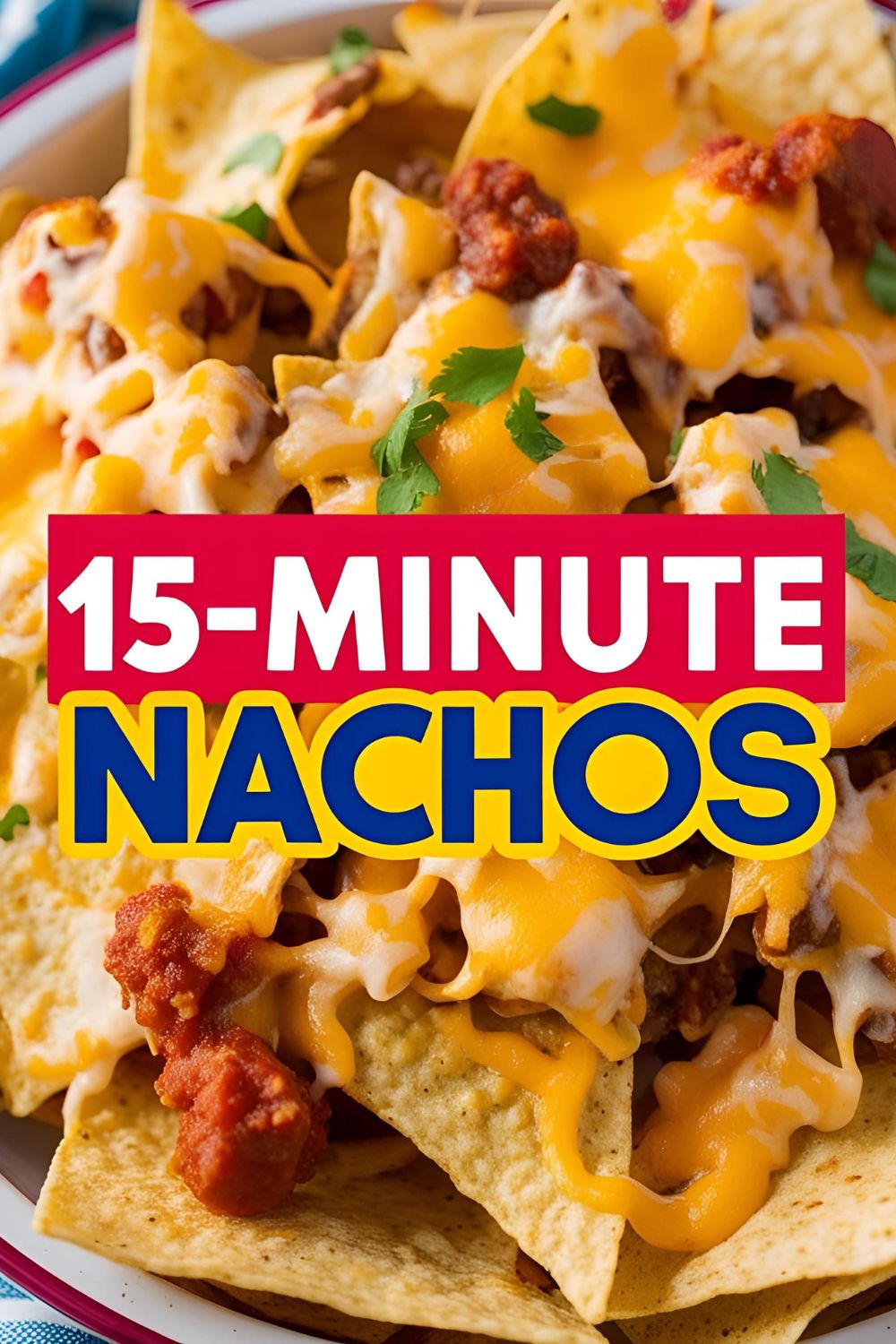A plate of cheesy 15-minute nachos topped with sour cream and green onions.